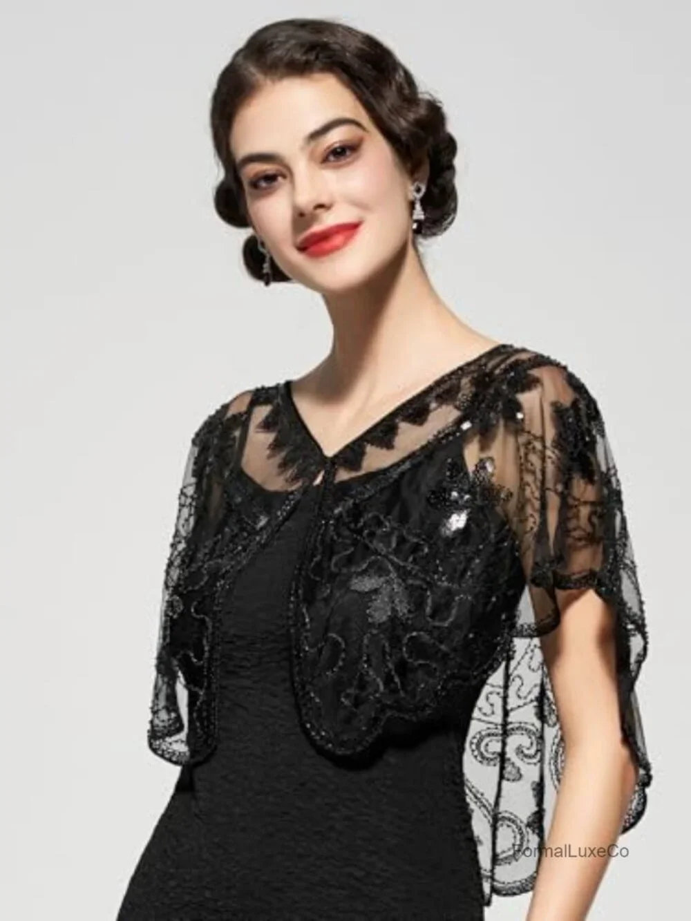 1920s Sequin Flapper Shawl Wrap Sheer Evening Cape Gatsby Party